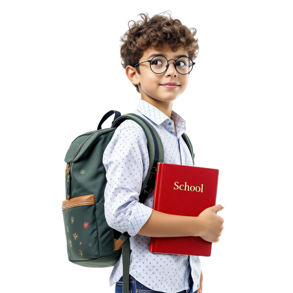 A young boy with glasses holding a book and a backpack png