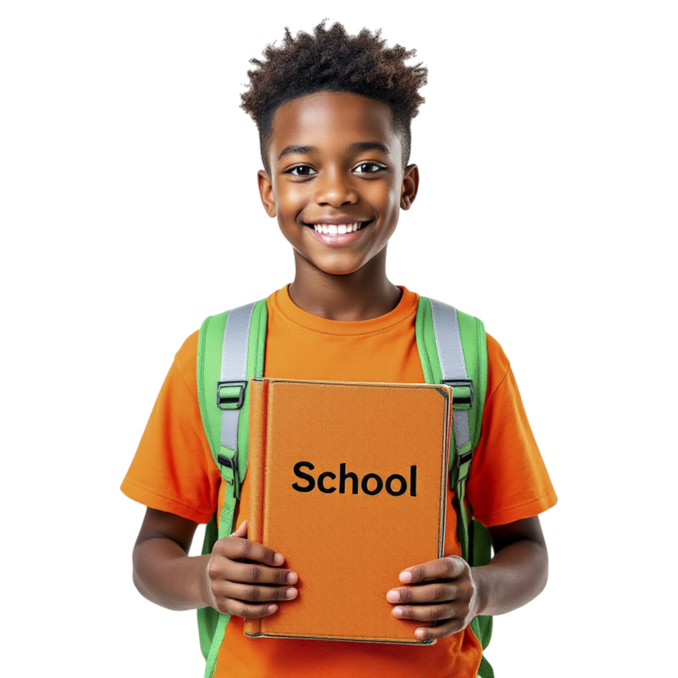 A young boy holding an orange school book png