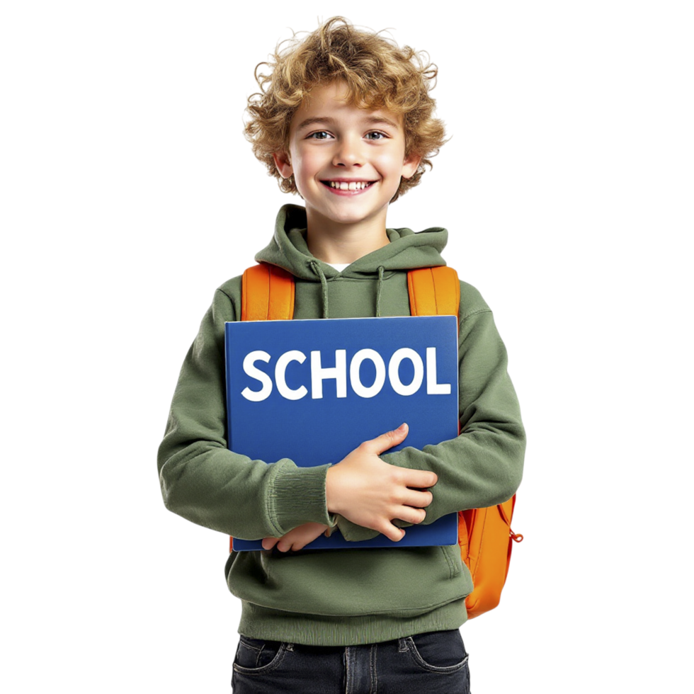 A boy holding a school book with the word school on it png