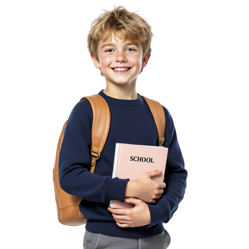 A boy holding a book and a backpack png