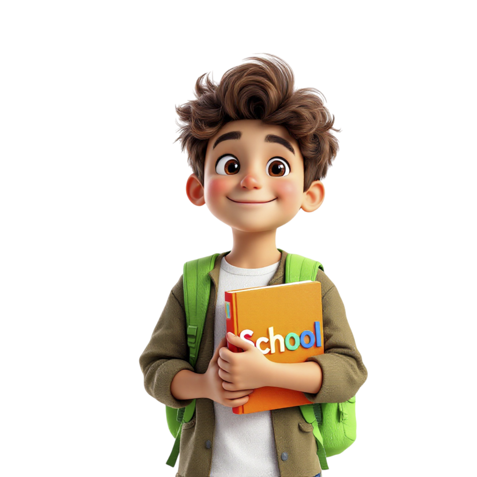 A cartoon boy holding a book with the word school on it png