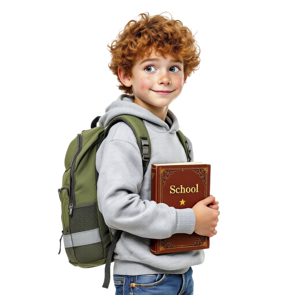 A young boy with a backpack holding a book png