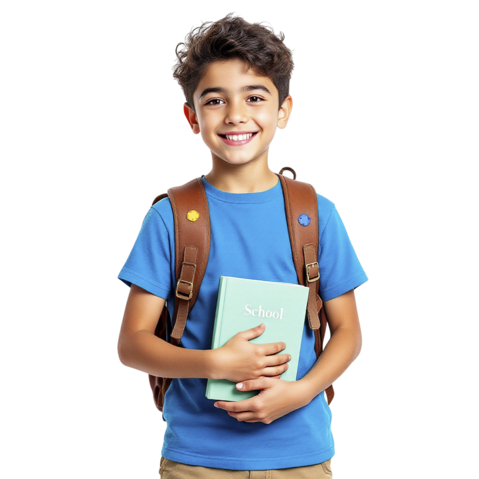 A boy holding a book and wearing a backpack png