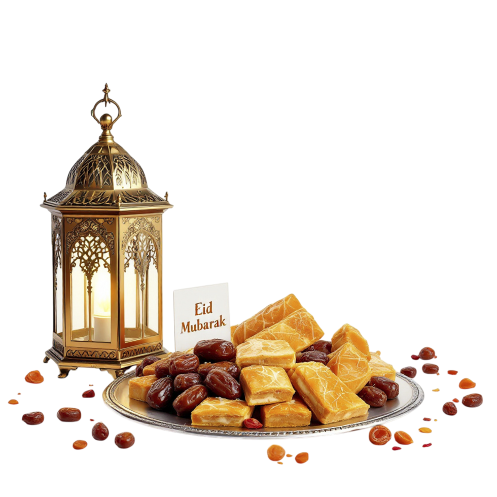 A plate of dates and nuts next to a lantern png