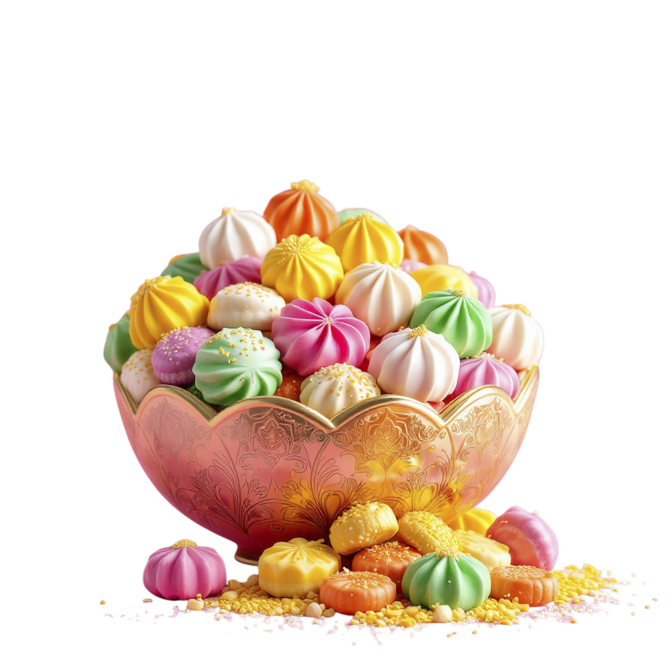 A bowl filled with colorful sweets on a black background png