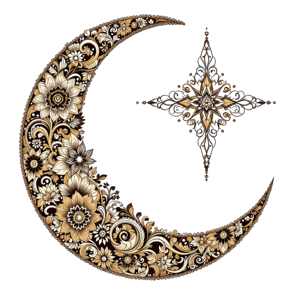 A crescent with gold and white floral patterns on it png