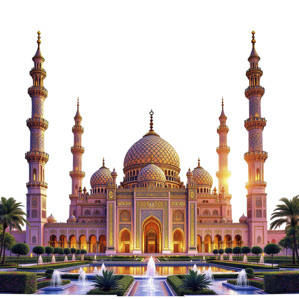 A painting of a large mosque with water and fountains png