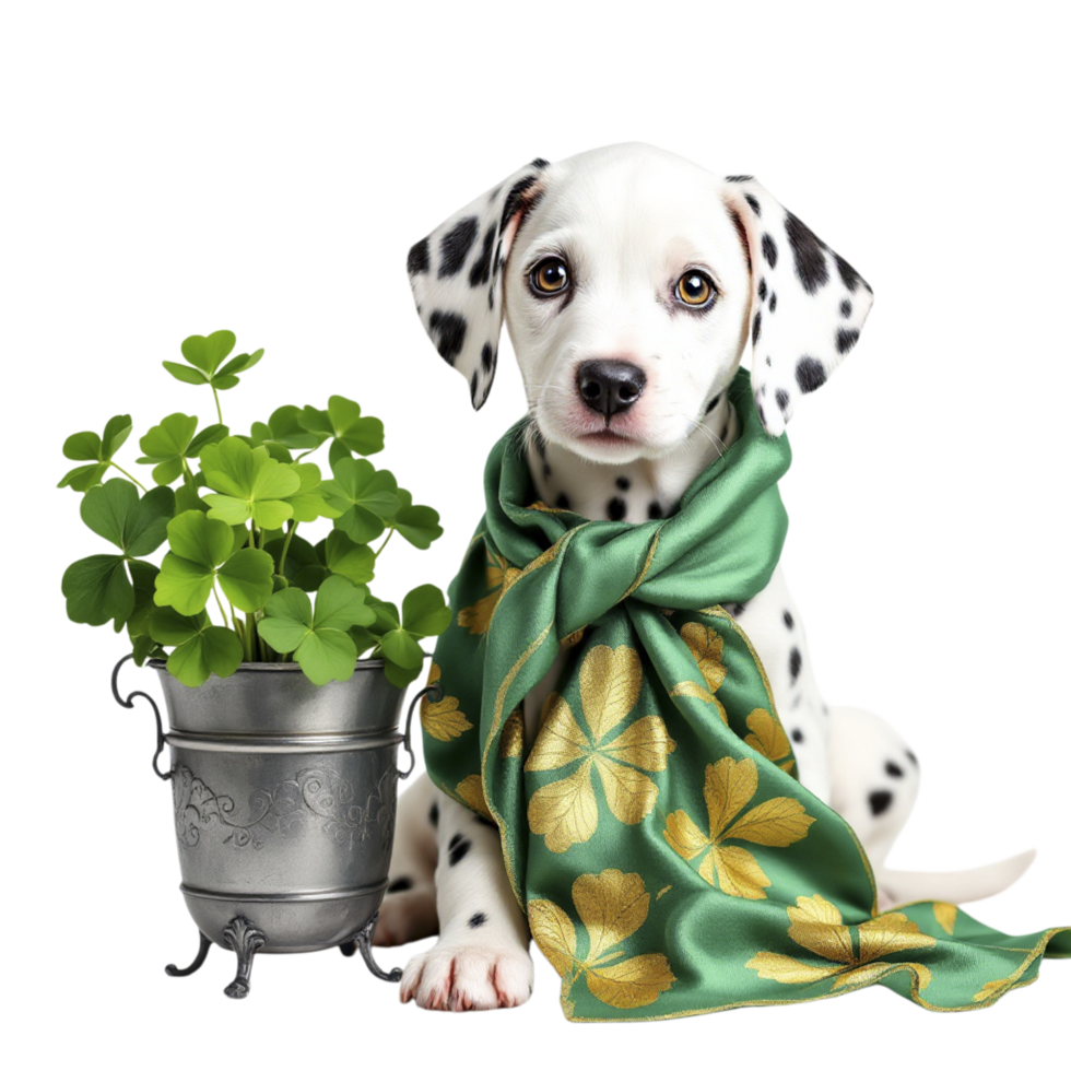 A dalmatian dog with a green scarf and a pot of shamrock png
