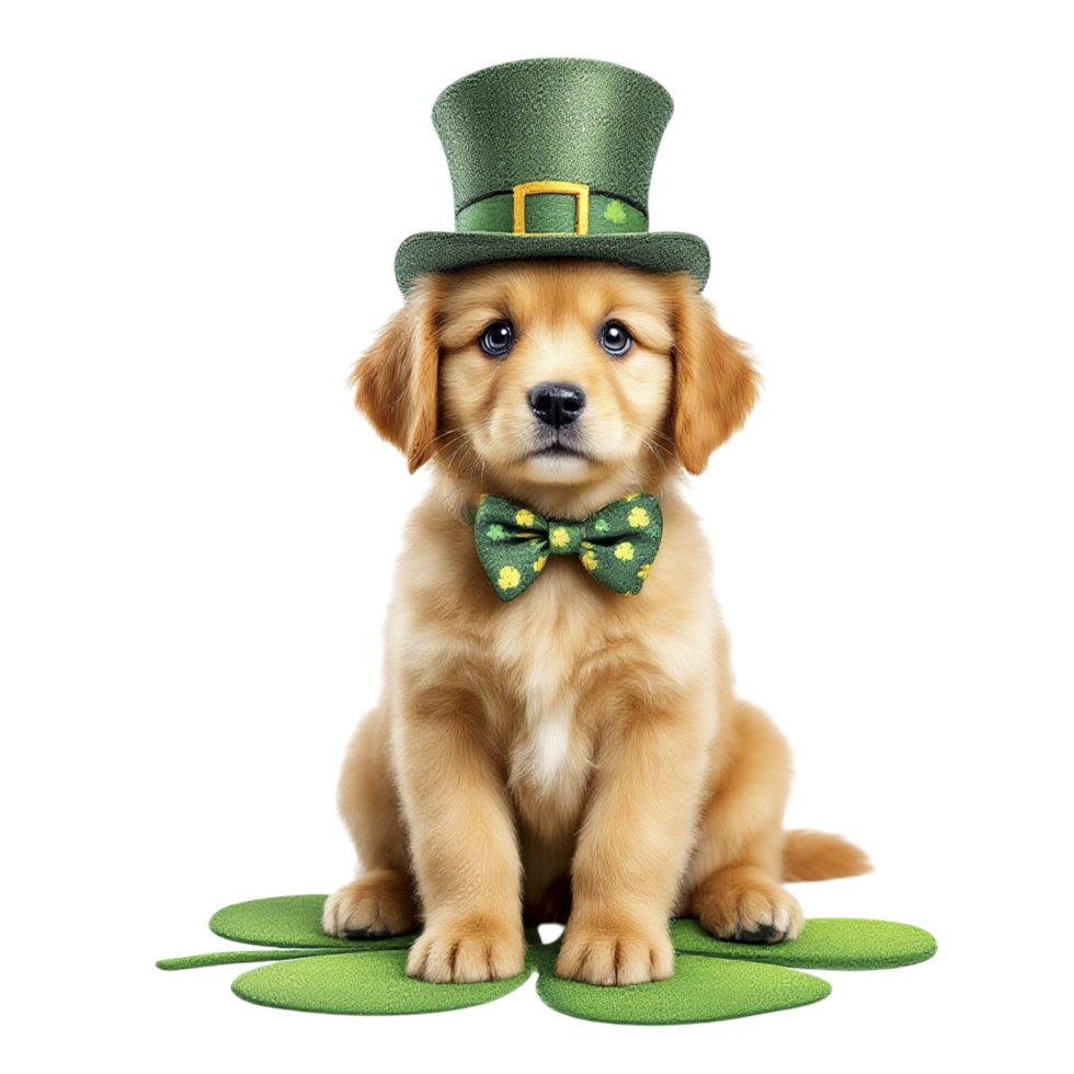 A golden retriever puppy wearing a green hat and bow tie png