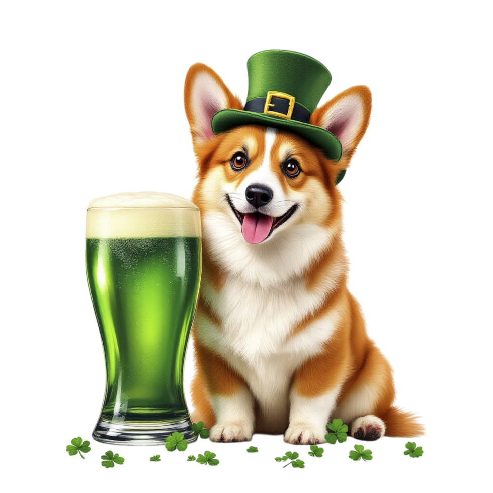 A corgi wearing a hat and holding a glass of beer png