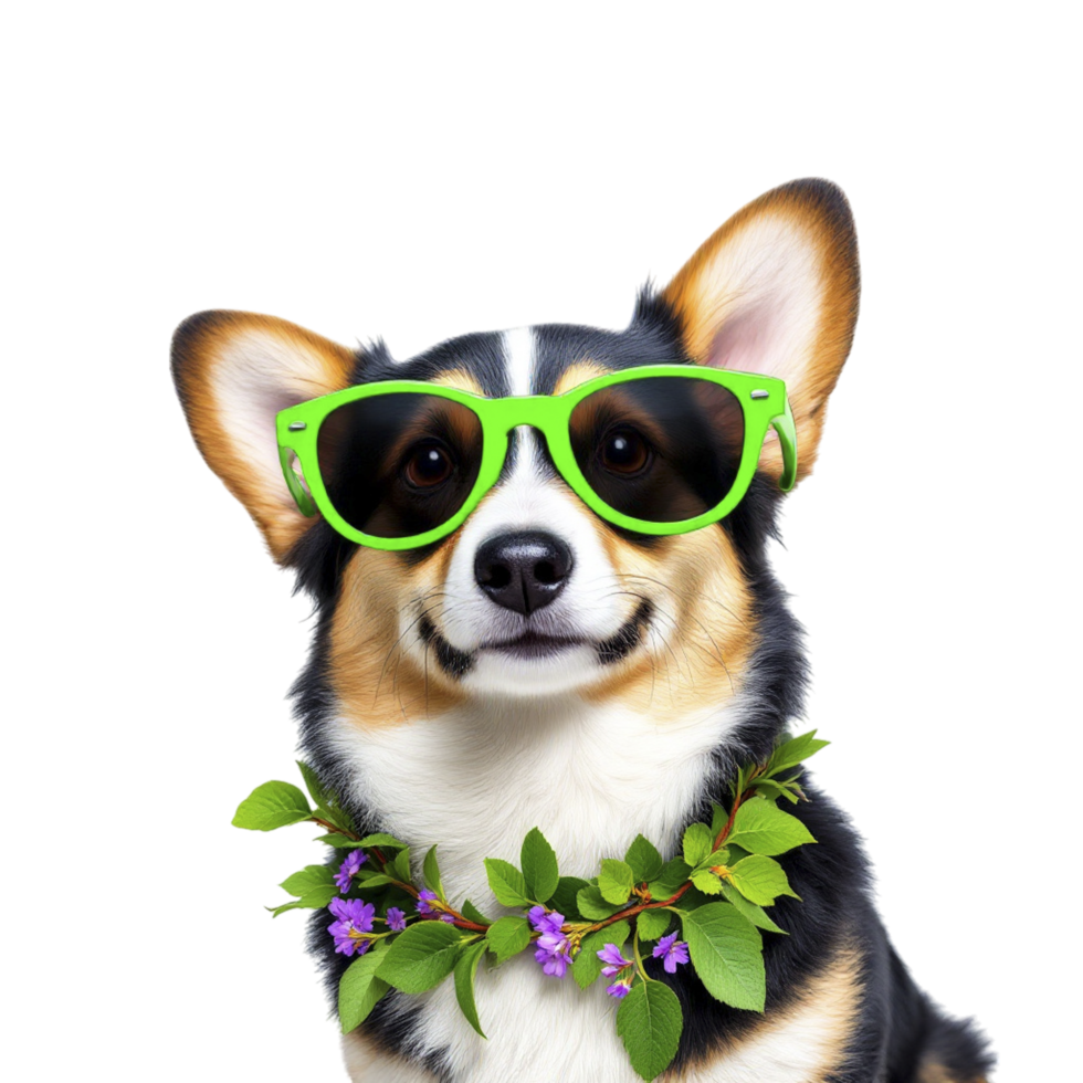 A dog wearing green sunglasses and a flower wreath png
