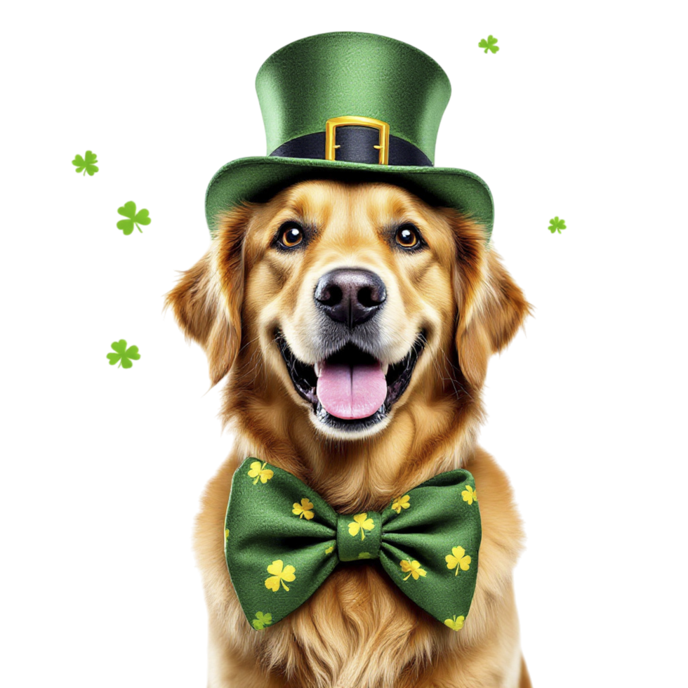 A golden retriever wearing a st patrick's day hat and bow tie png