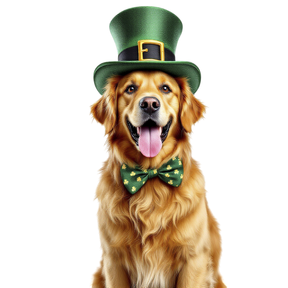 A golden retriever wearing a green hat and bow tie png