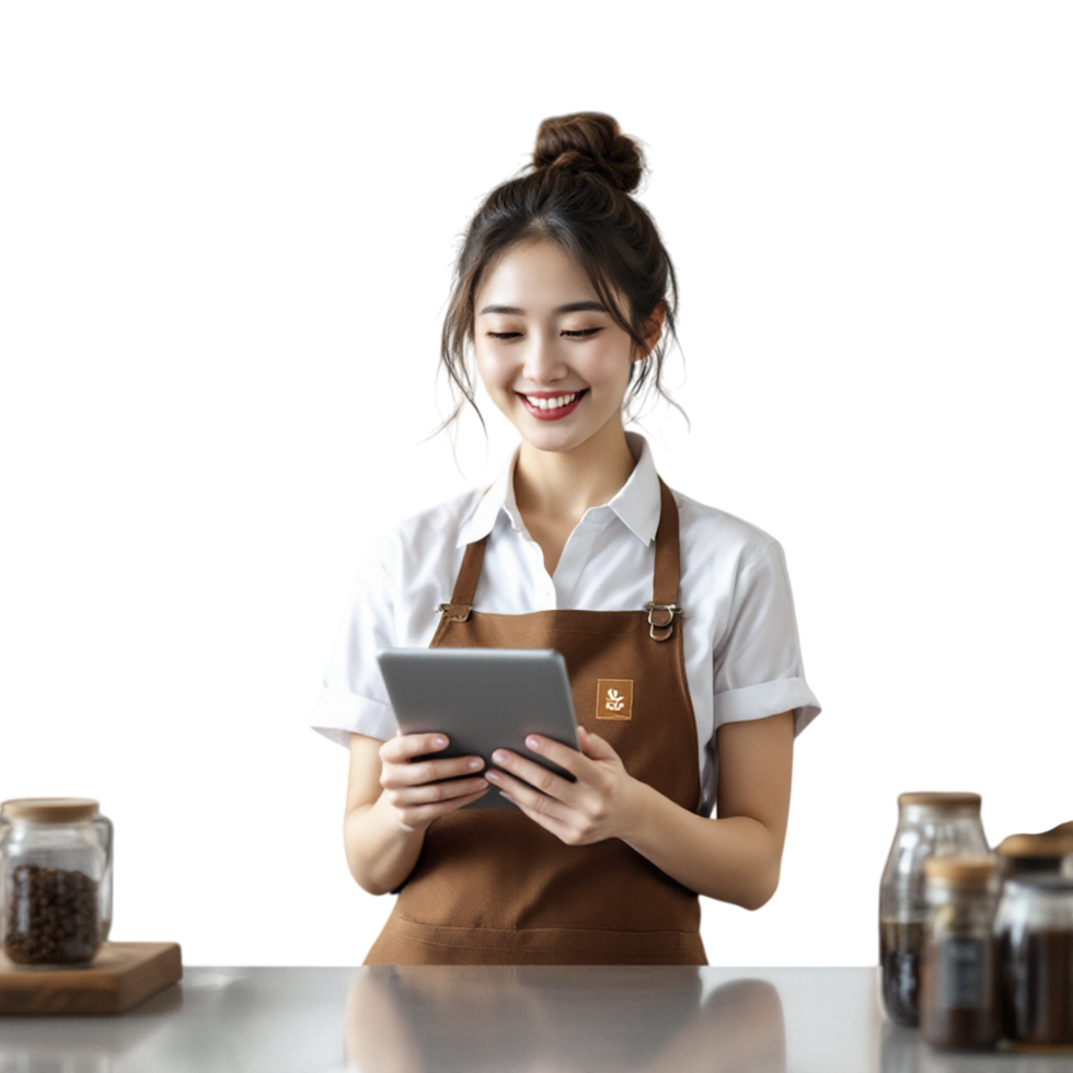 A woman in an apron is using a tablet png