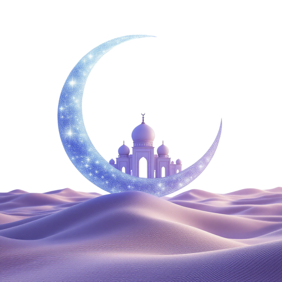 Islamic crescent moon with mosque on desert background png