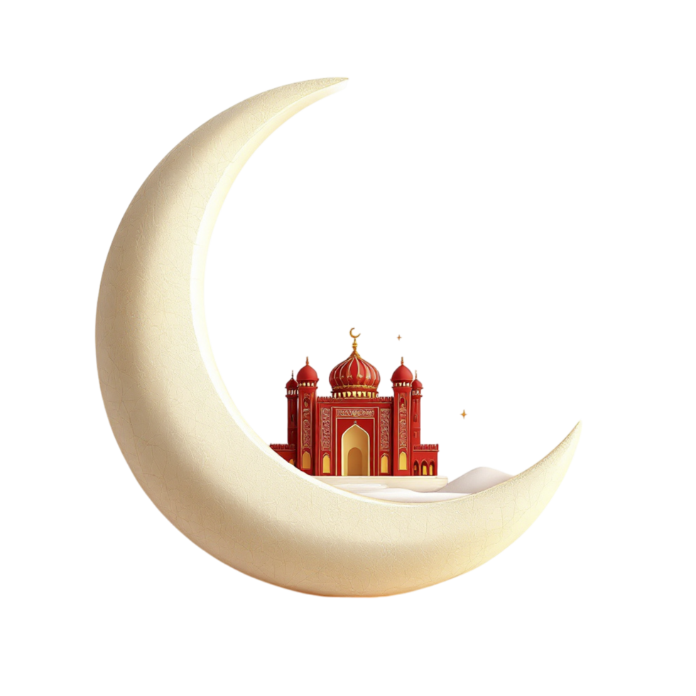 A white crescent with a red building on it png