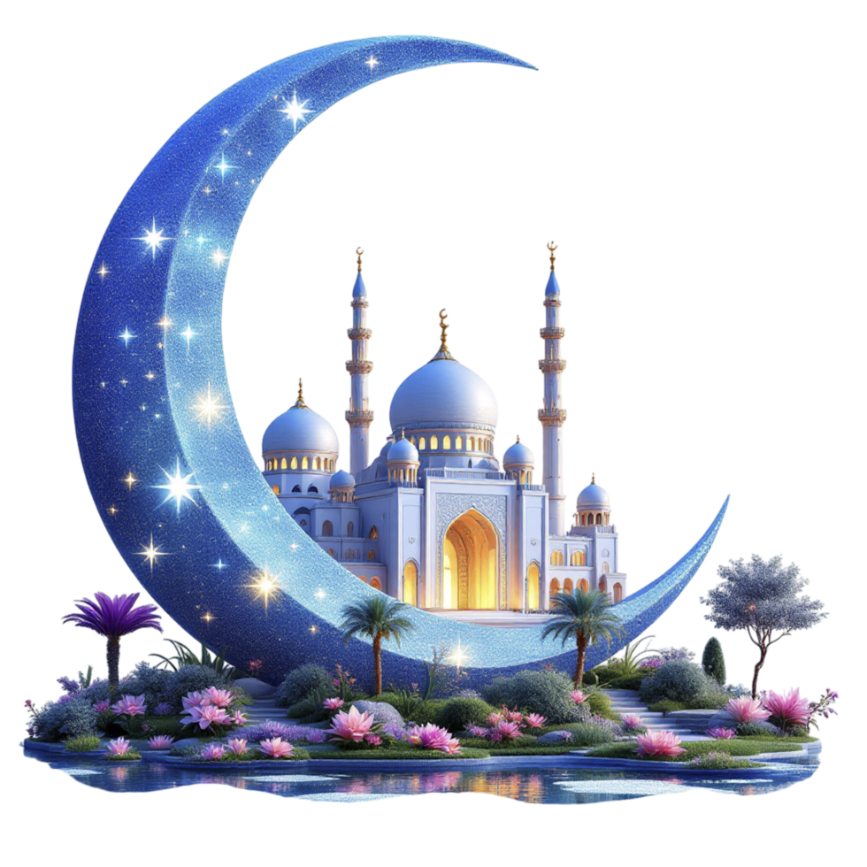 The moon and a mosque in the middle of a lake png