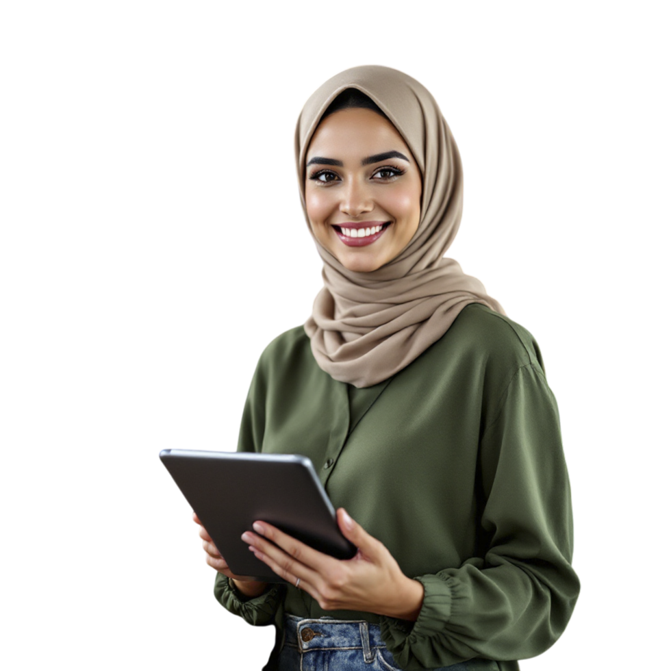 A woman in a hijab holding a tablet computer png