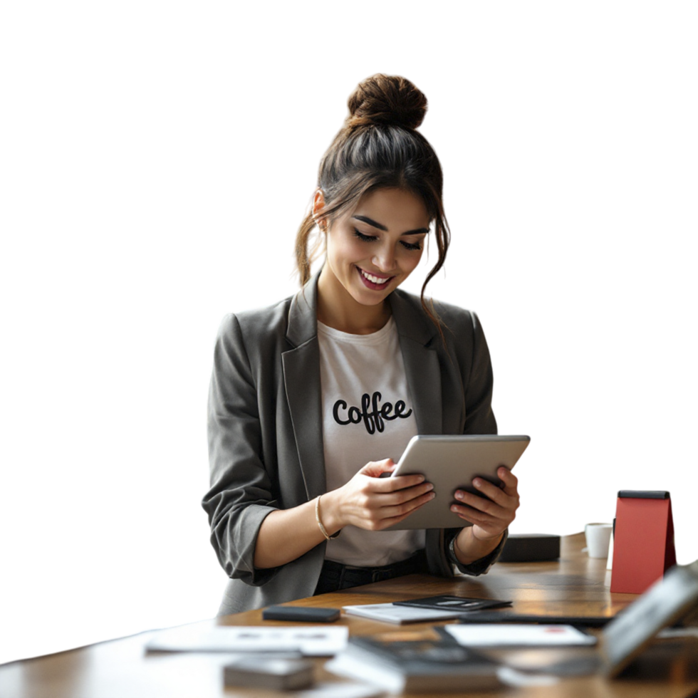 A woman in a business suit is using a tablet computer png