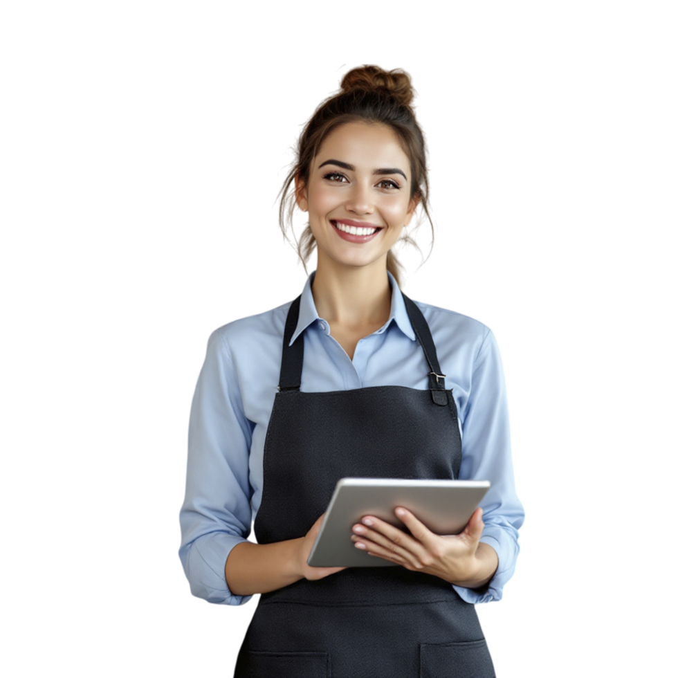 A smiling waitress holding a tablet computer png