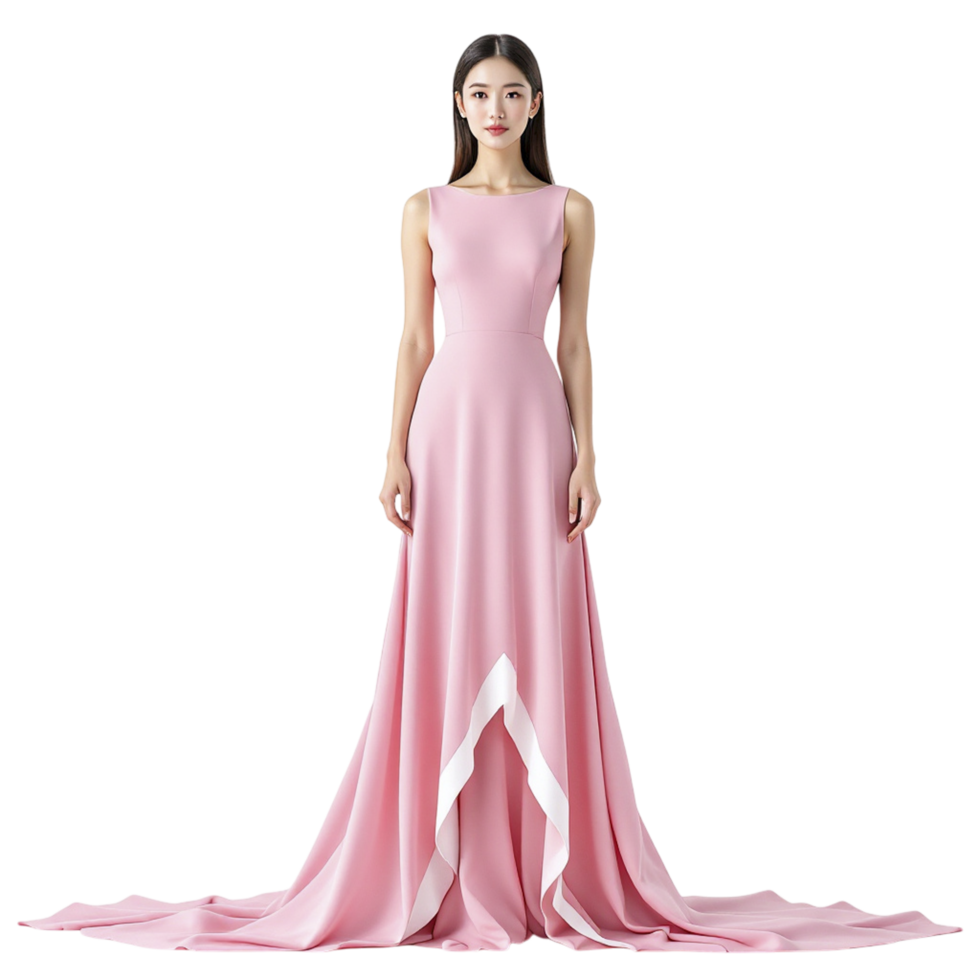 The pink evening gown is designed with a high neckline and a low back png