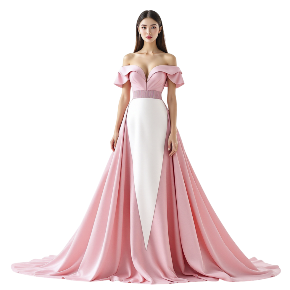The pink and white gown is designed with a long train png