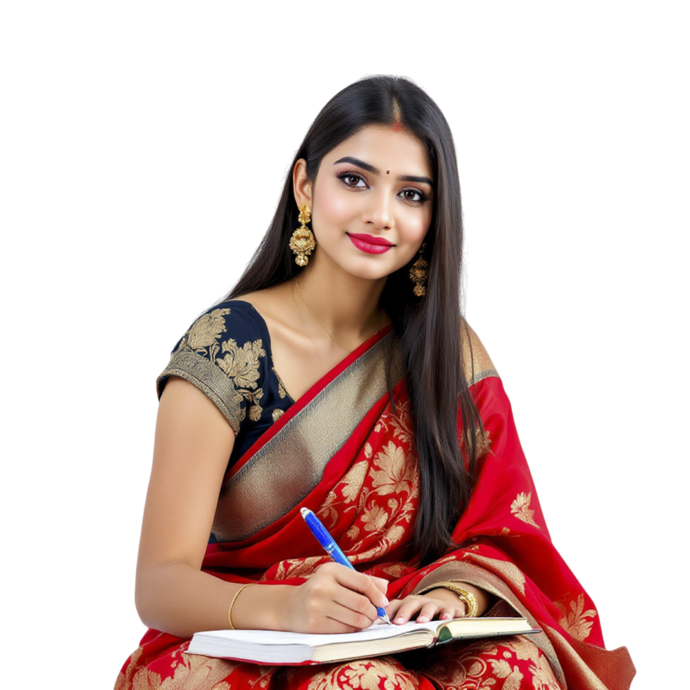 A beautiful indian woman in a sari writing png