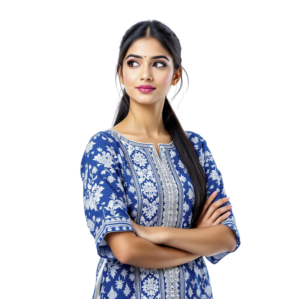 A beautiful indian woman in blue and white dress png