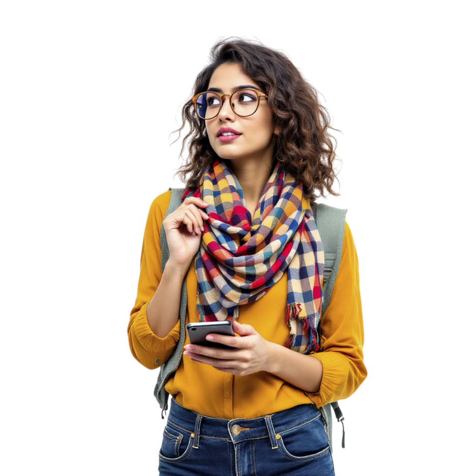 A young woman with glasses and a scarf is looking at her phone png