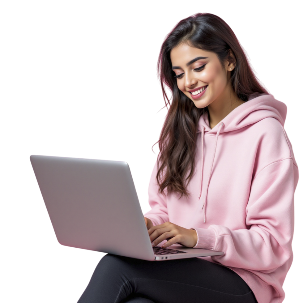 A woman in a pink hoodie is sitting on a chair and using a laptop png