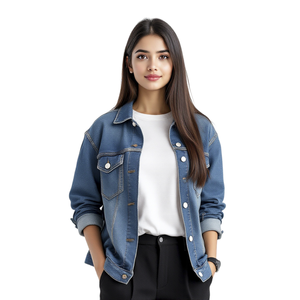 A woman wearing a denim jacket and black pants png