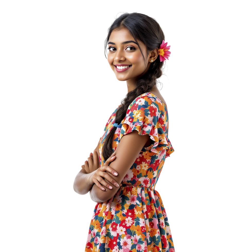 A young woman in a floral dress png