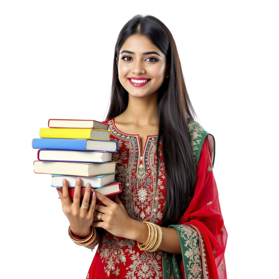 A beautiful indian woman holding a stack of books png
