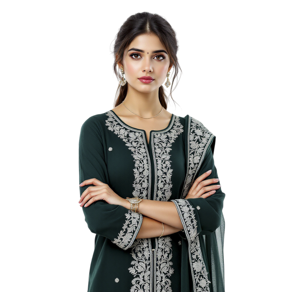 Green embroidered georgette suit with embroidered dupatta png