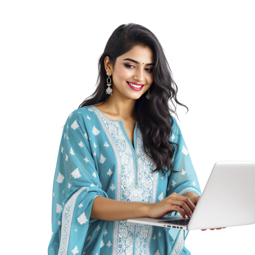 A woman in a blue sari holding a laptop png