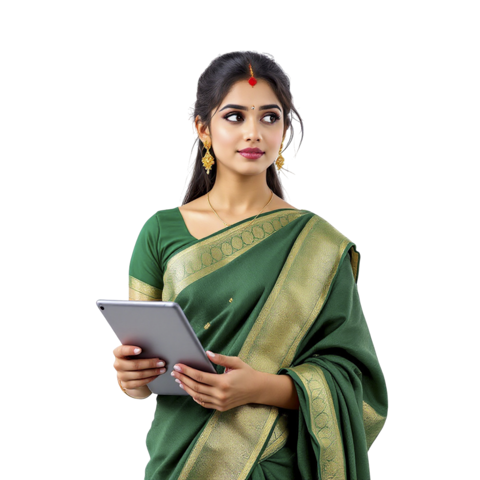 A beautiful indian woman in a green sari holding a tablet png