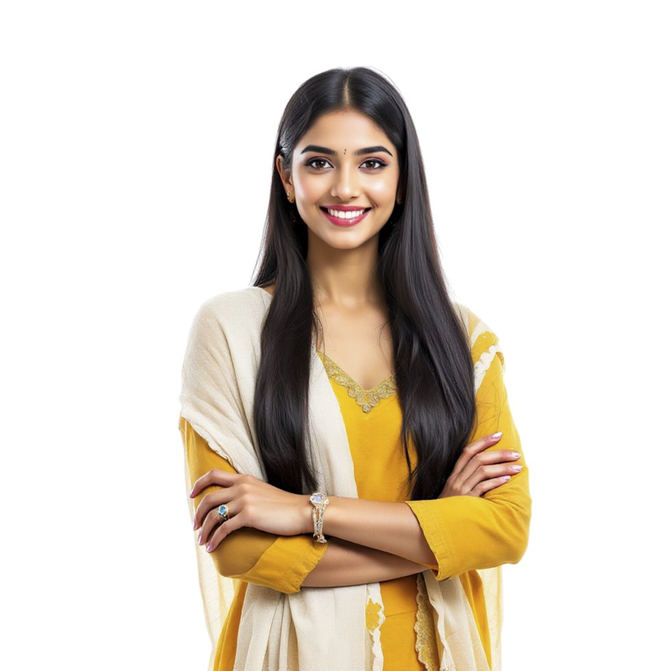 An indian woman in yellow dress standing with her arms crossed png