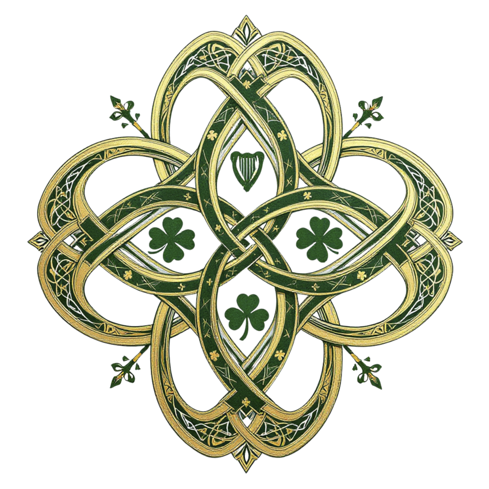 Celtic knot design with gold and green leaves png