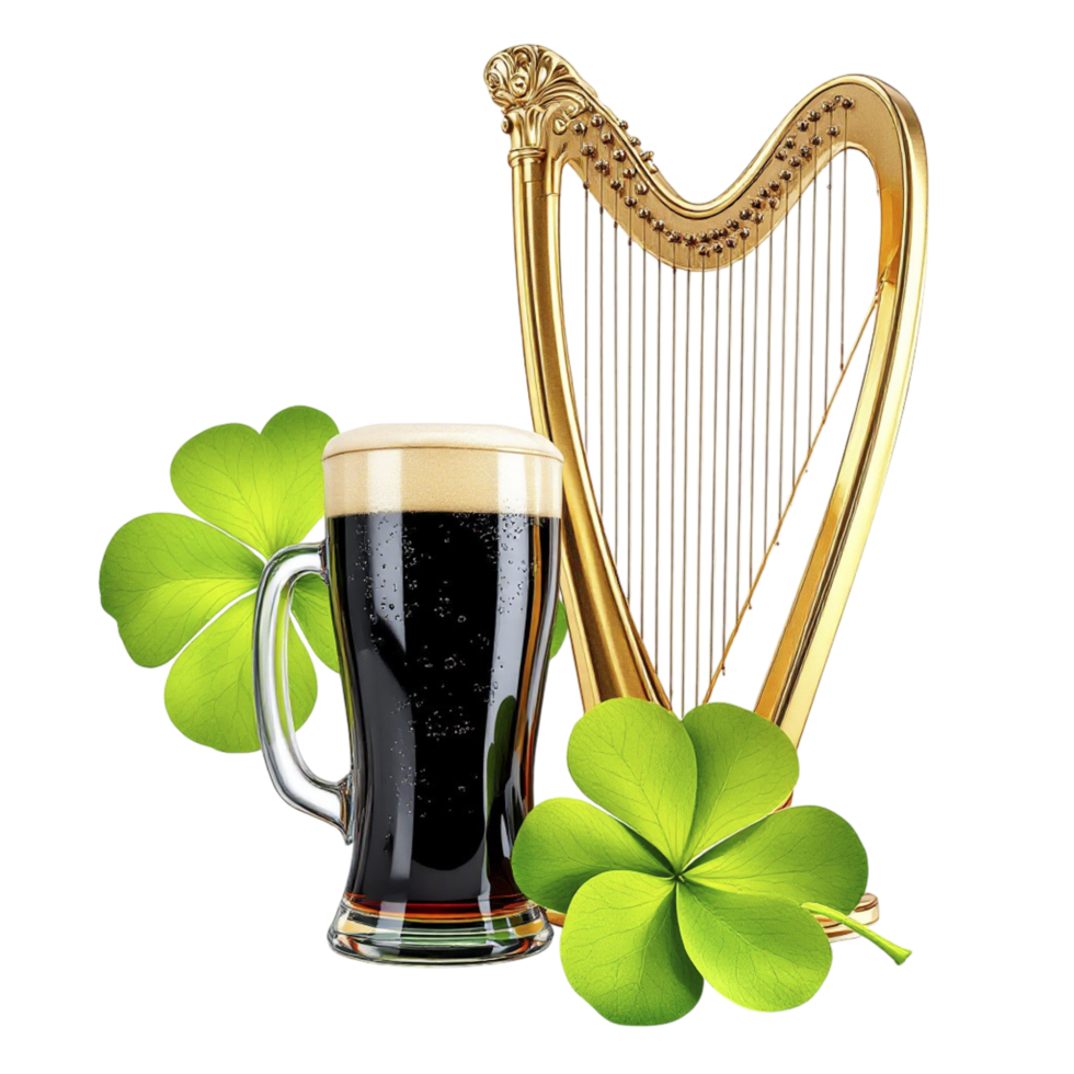 A glass of beer and a harp with shamrock leaves png