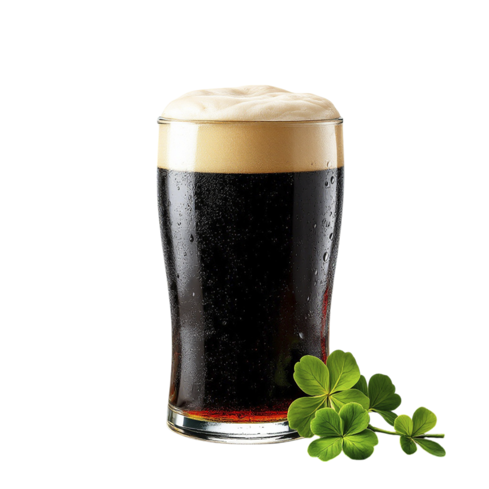 A glass of dark beer with a clover leaf png
