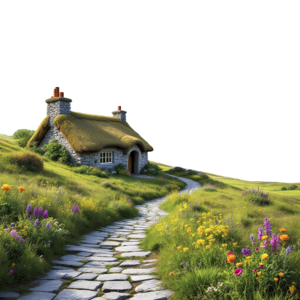 A house with a thatched roof and a path leading to it png