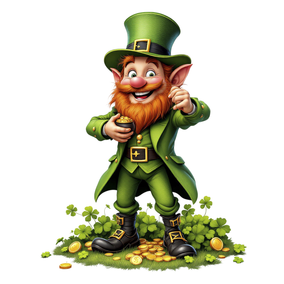 A cartoon leprechaun with a gold coin png