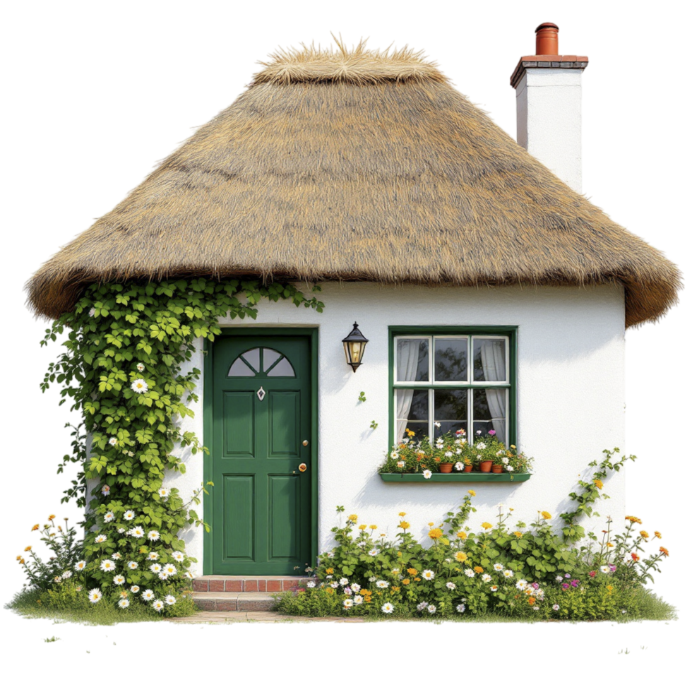 A small white cottage with a thatched roof png