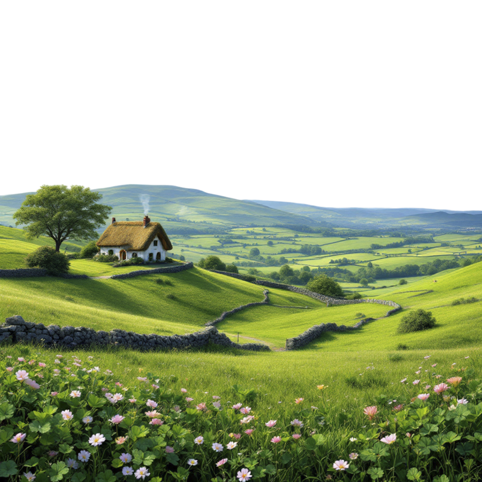 A house in the middle of a green field png