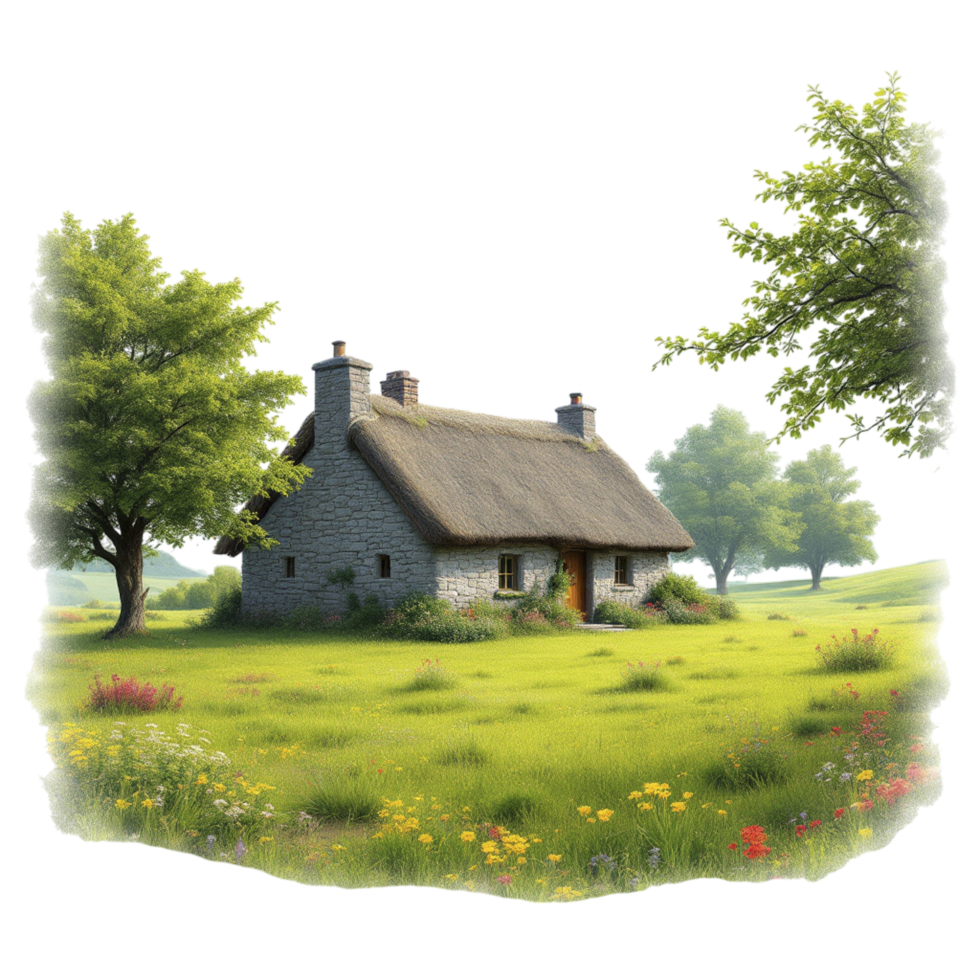 A house in the middle of a field with trees and flowers png