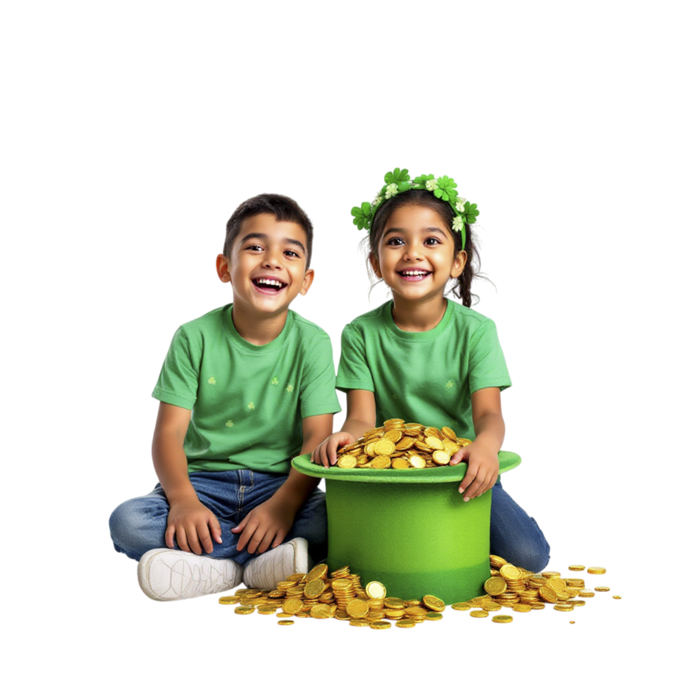 Two children sitting in front of a pot of gold png