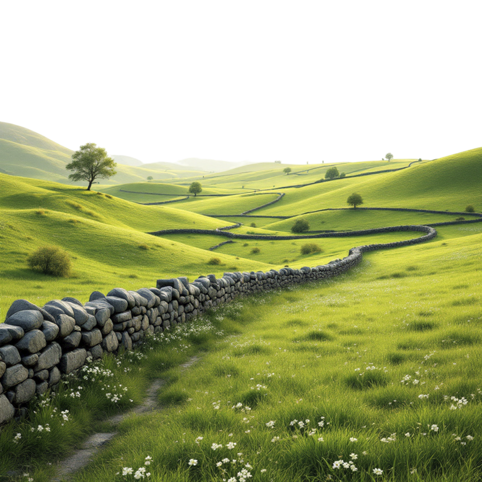 A green field with a stone wall and trees png