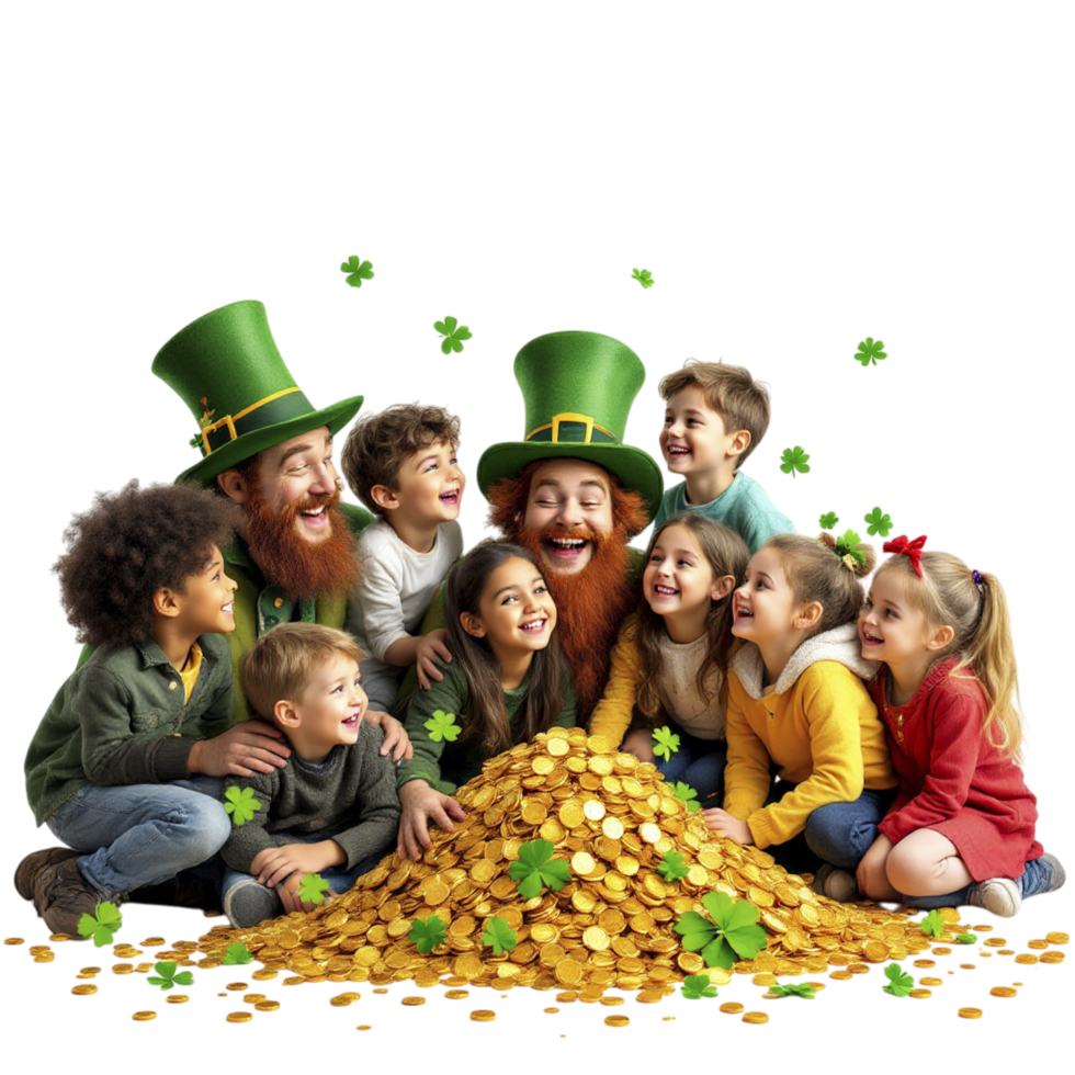 A group of children and adults sitting around a pile of gold coins png