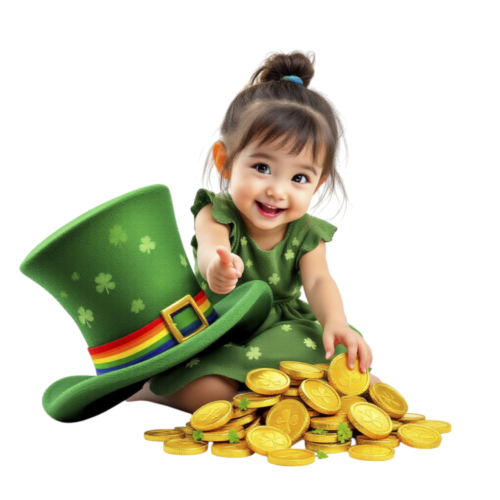 A little girl in green dress and hat with gold coins png