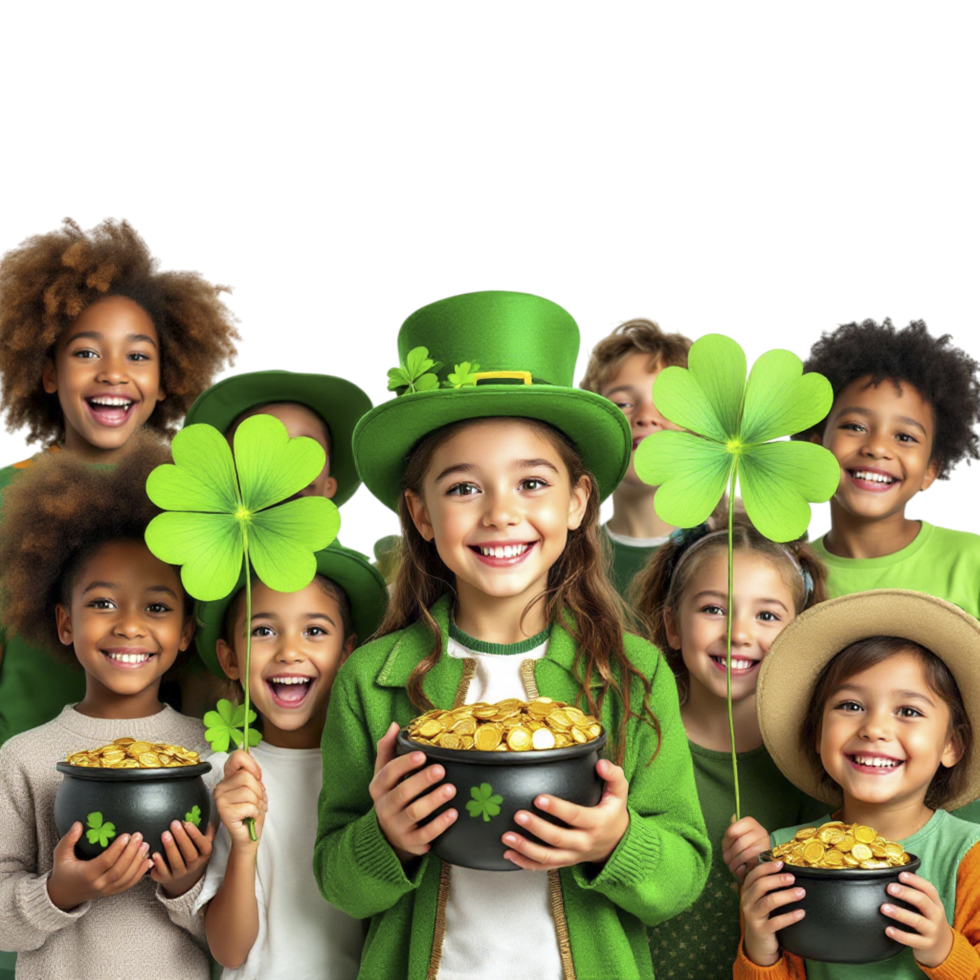 A group of children wearing green hats and holding pots of gold png